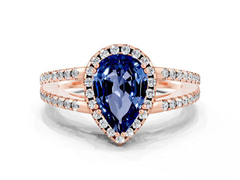 Rose gold Pear Cut Blue Sapphire Halo Split Shank Engagement Ring_12