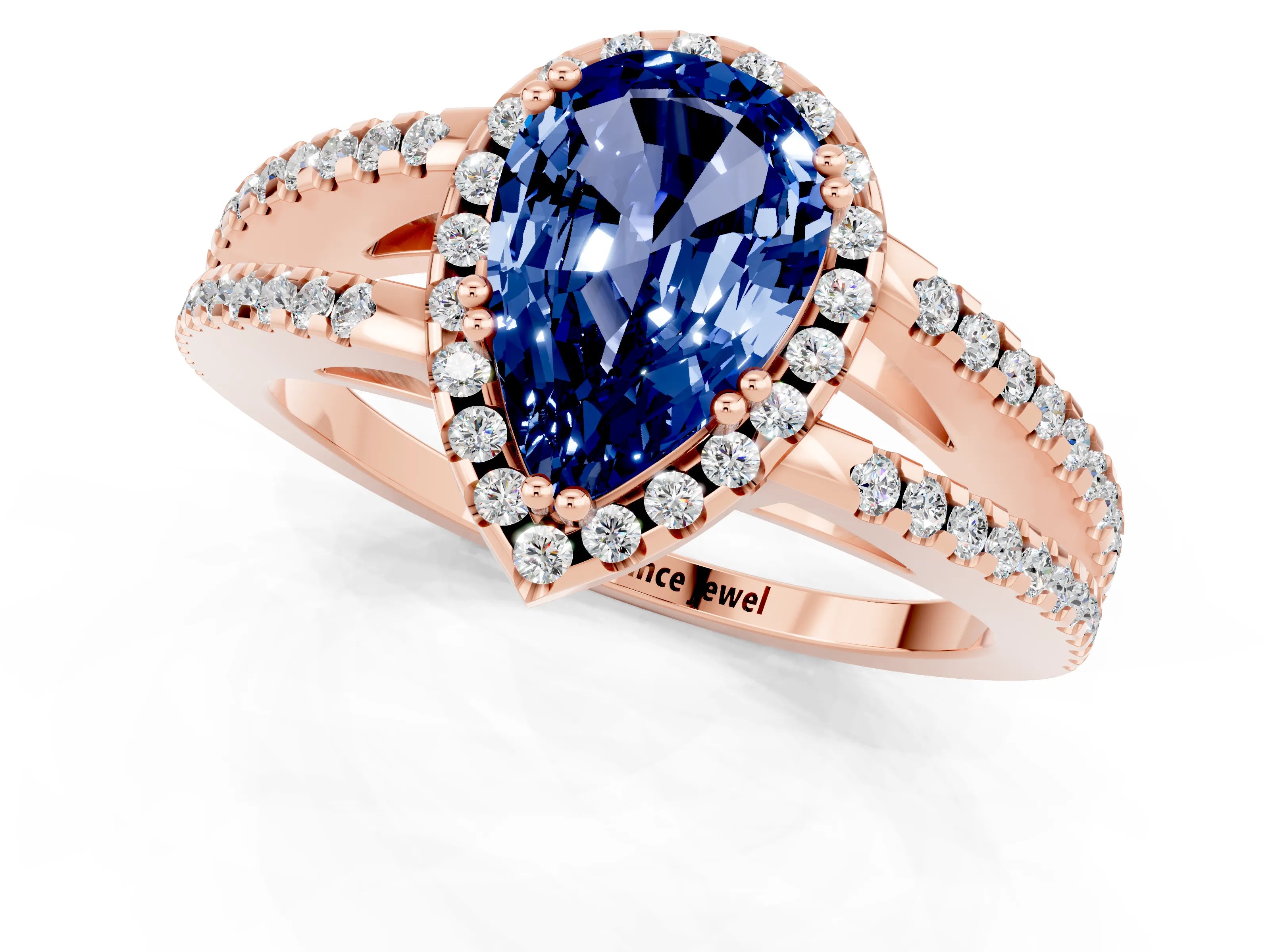 Rose gold Pear Cut Blue Sapphire Halo Split Shank Engagement Ring_13