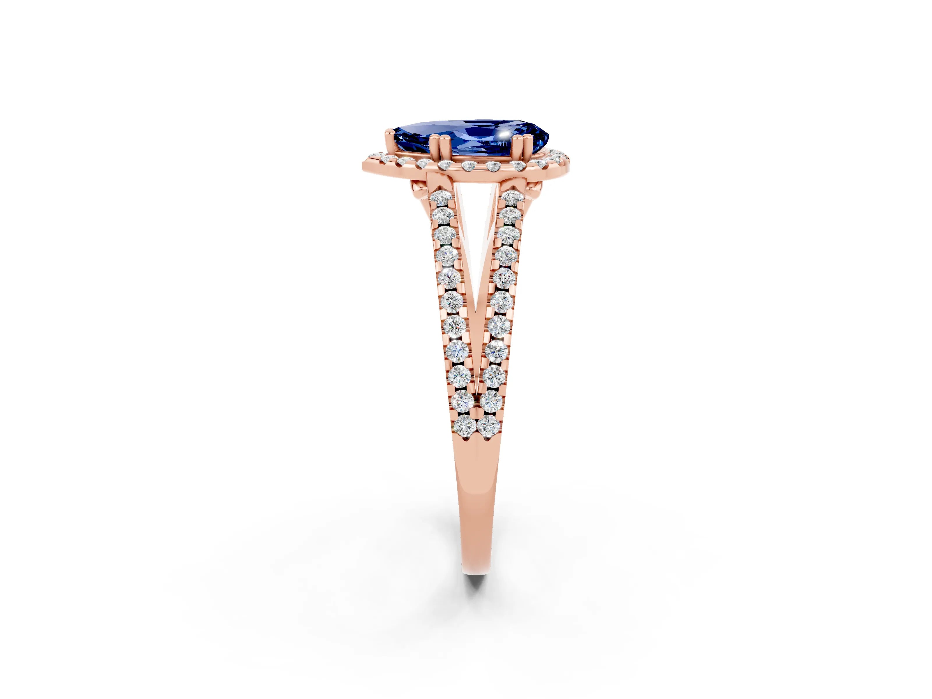 Rose gold Pear Cut Blue Sapphire Halo Split Shank Engagement Ring_14