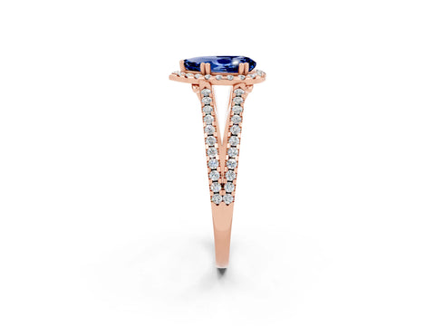 Rose gold Pear Cut Blue Sapphire Halo Split Shank Engagement Ring_14