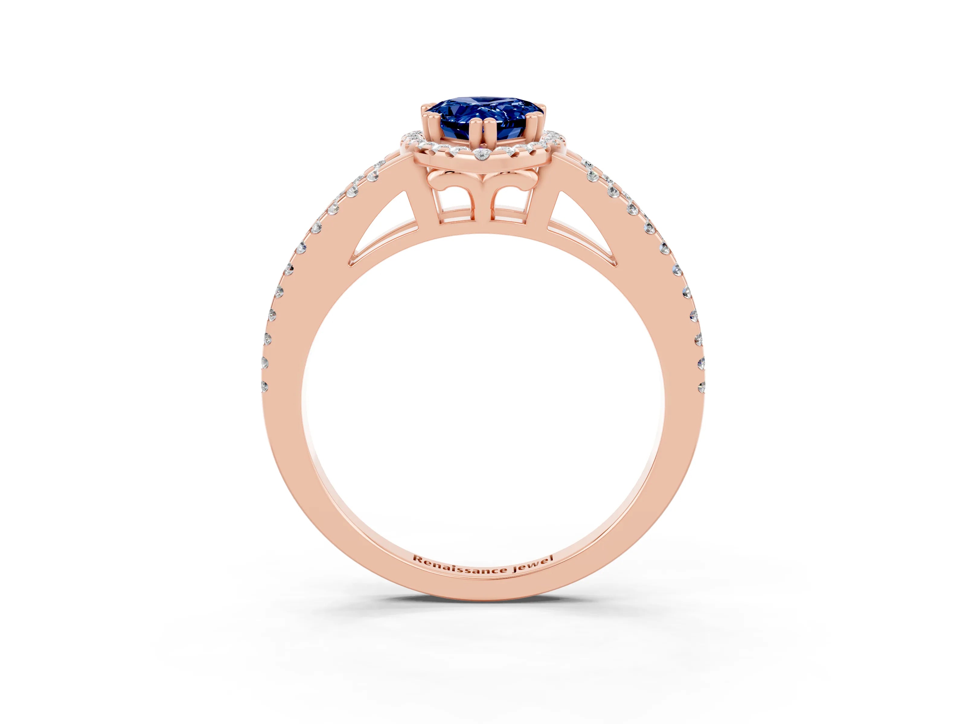 Rose gold Pear Cut Blue Sapphire Halo Split Shank Engagement Ring_15