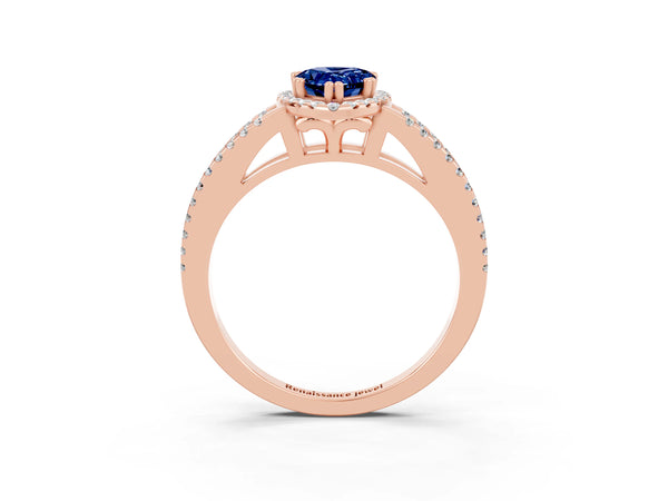 Rose gold Pear Cut Blue Sapphire Halo Split Shank Engagement Ring