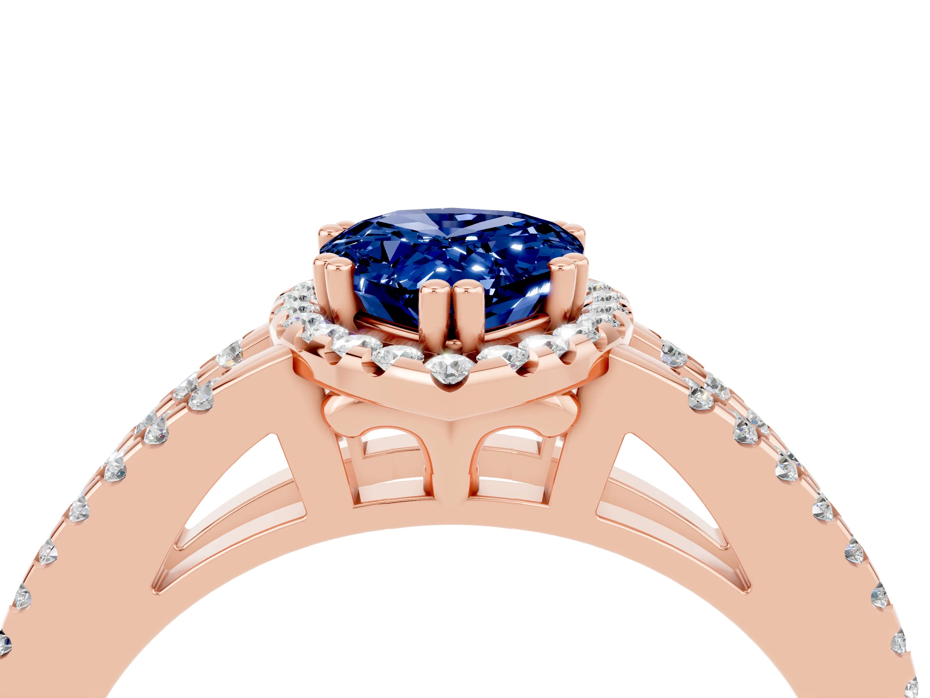 Rose gold Pear Cut Blue Sapphire Halo Split Shank Engagement Ring_16