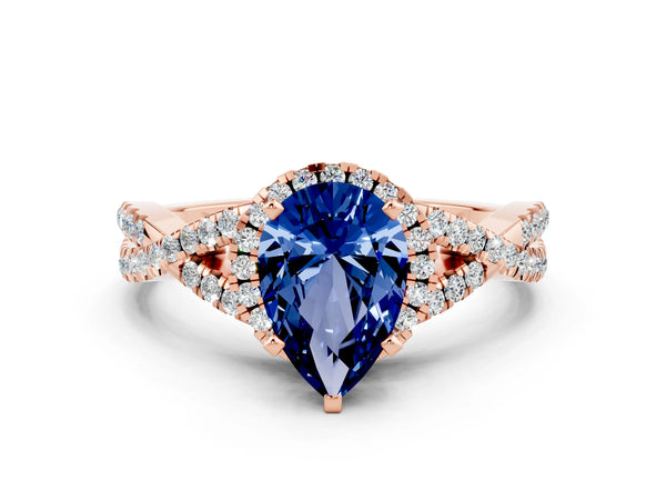 Rose gold Pear Cut Blue Sapphire  Halo Twist Band Solitaire Prong Setting Ring