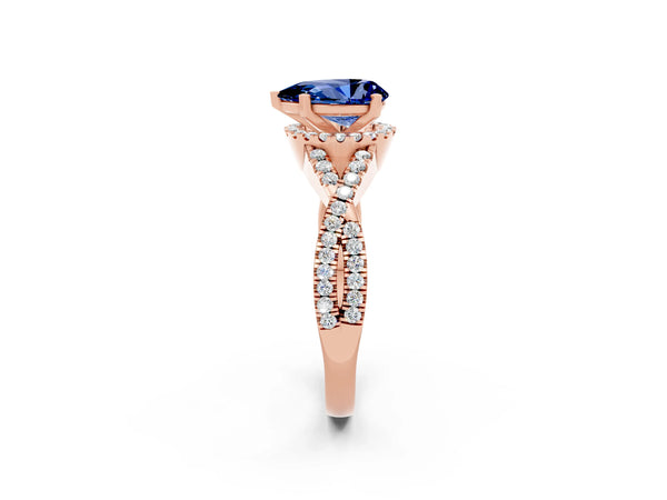 Rose gold Pear Cut Blue Sapphire  Halo Twist Band Solitaire Prong Setting Ring