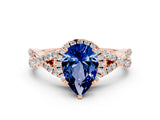 Rose gold Pear Cut Blue Sapphire  Halo Twist Band Solitaire Prong Setting Ring_24