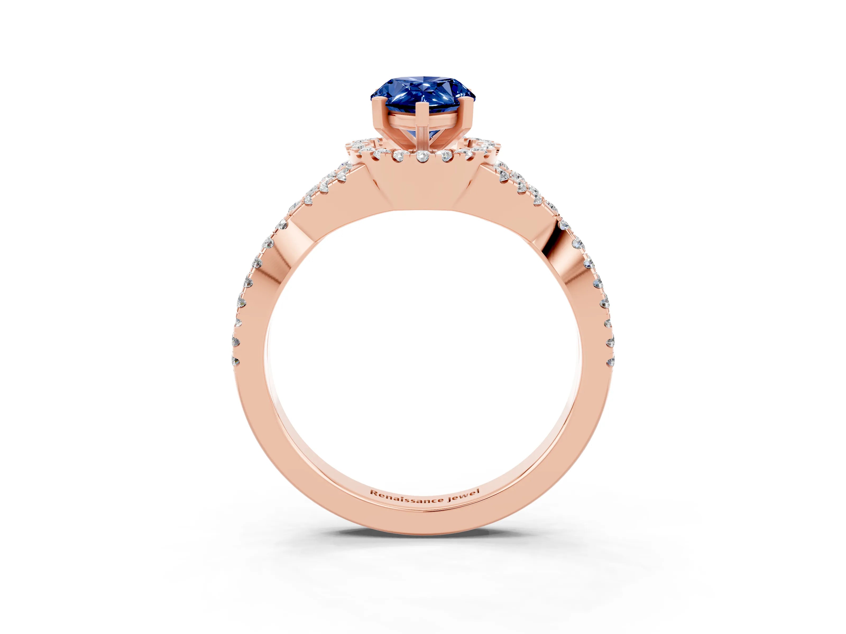 Rose gold Pear Cut Blue Sapphire Halo Twist Band Solitaire Prong Setting Ring_3