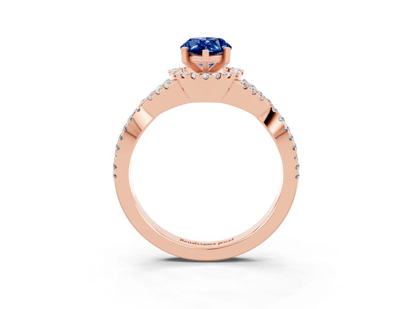 Rose gold Pear Cut Blue Sapphire  Halo Twist Band Solitaire Prong Setting Ring