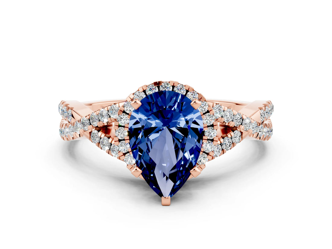 Rose gold Pear Cut Blue Sapphire  Halo Twist Band Solitaire Prong Setting Ring_42