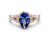 Rose gold Pear Cut Blue Sapphire  Halo Twist Band Solitaire Prong Setting Ring_42