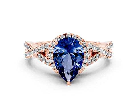 Rose gold Pear Cut Blue Sapphire Halo Twist Band Solitaire Prong Setting Ring