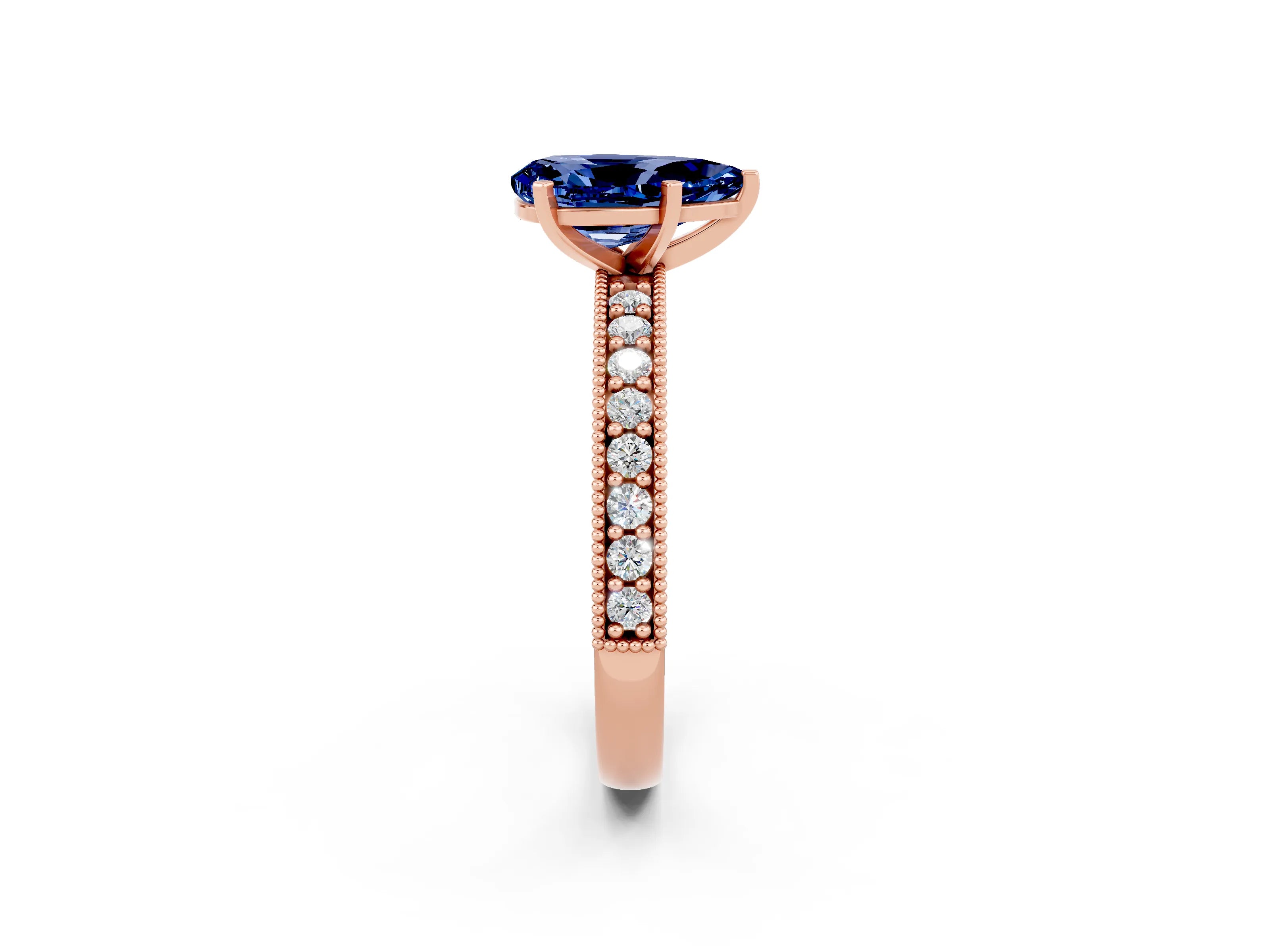 Rose gold Pear Cut Blue Sapphire Milgrain Pavé Engagement Ring with Four-Prong Setting_2