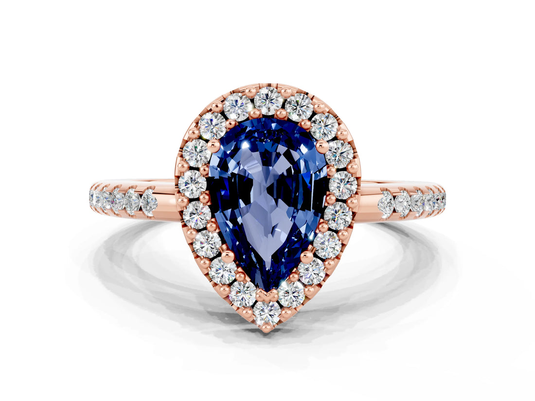 14K Rose Gold 1.78 Carat Pear Blue Sapphire Pavé Halo Ring with Four-Prong Setting