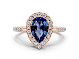14K Rose Gold 1.78 Carat Pear Blue Sapphire Pavé Halo Ring with Four-Prong Setting