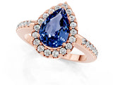 14K Rose Gold 1.78 Carat Pear Blue Sapphire Pavé Halo Ring with Four-Prong Setting