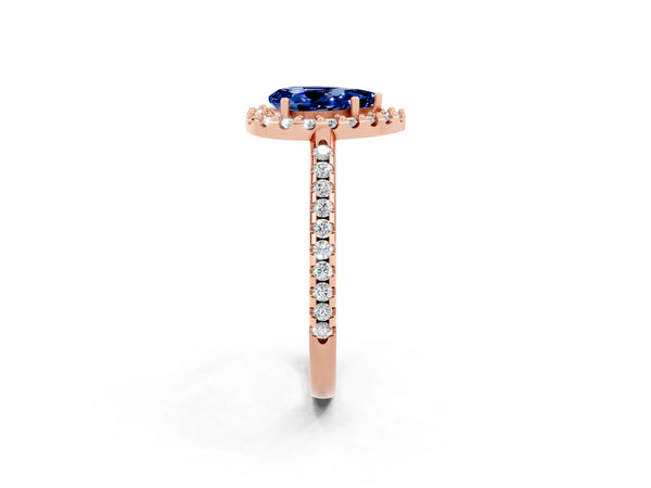 Rose gold Pear Cut Blue Sapphire Pavé Halo Ring with Four-Prong Setting