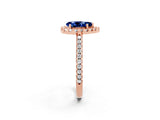 14K Rose Gold 1.78 Carat Pear Blue Sapphire Pavé Halo Ring with Four-Prong Setting
