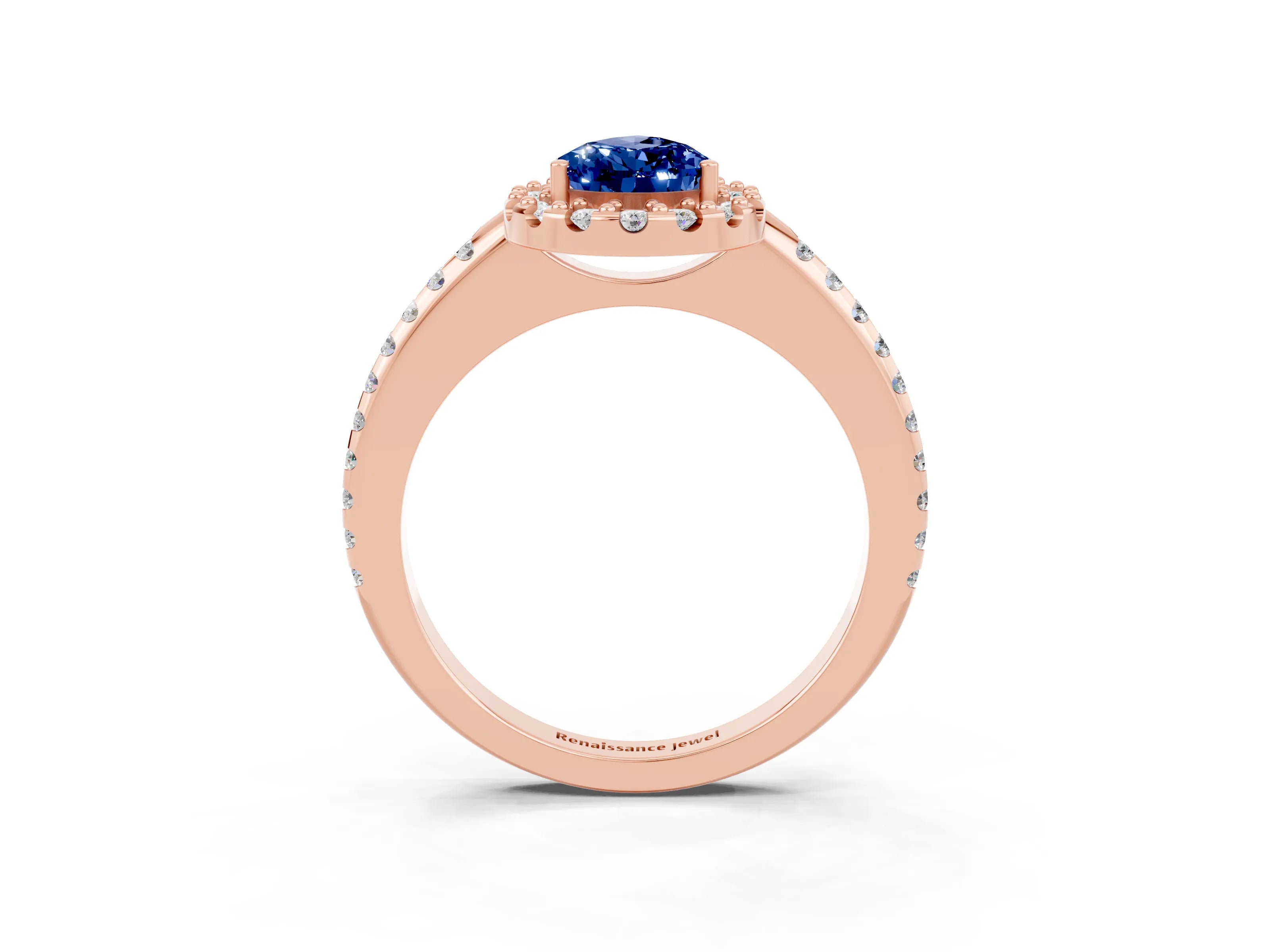 Rose gold Pear Cut Blue Sapphire Pavé Halo Ring with Four-Prong Setting_15