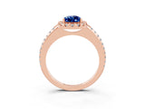 14K Rose Gold 1.78 Carat Pear Blue Sapphire Pavé Halo Ring with Four-Prong Setting