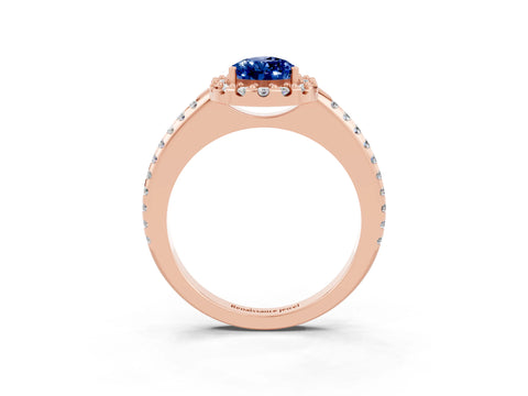 Rose gold Pear Cut Blue Sapphire Pavé Halo Ring with Four-Prong Setting_15