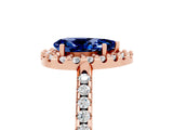 14K Rose Gold 1.78 Carat Pear Blue Sapphire Pavé Halo Ring with Four-Prong Setting