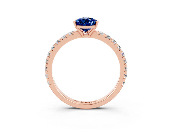 Rose gold Pear Cut Blue Sapphire Pavé Solitaire Engagement Ring with Four-Prong Setting