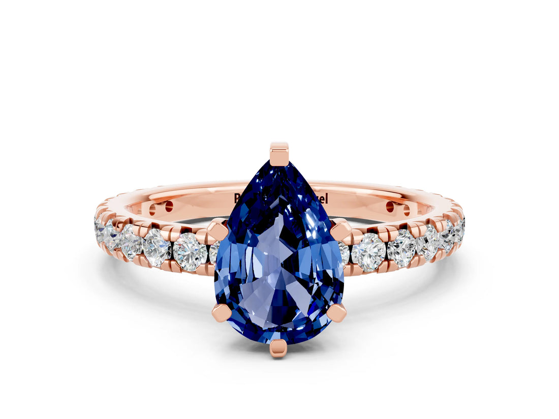 Rose gold Pear Cut Blue Sapphire Pavé Solitaire Ring with Round Band and Prong Setting_24
