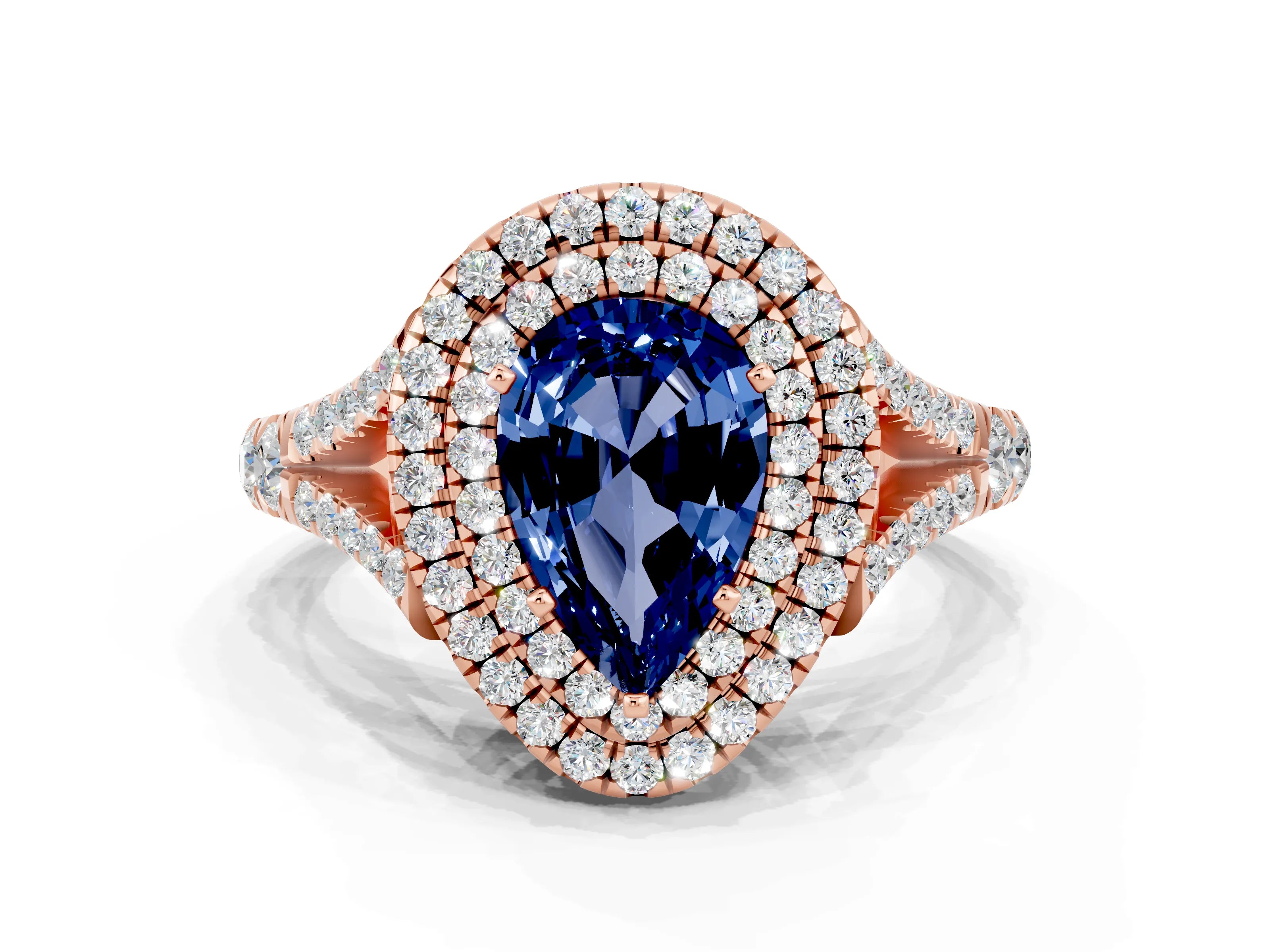 Rose gold Pear Cut Blue Sapphire Pavé Split Shank Double Halo Engagement Ring