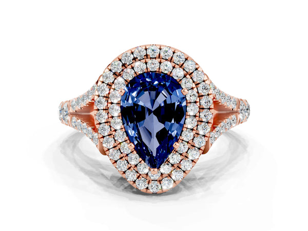 Rose gold Pear Cut Blue Sapphire Pavé Split Shank Double Halo Engagement Ring
