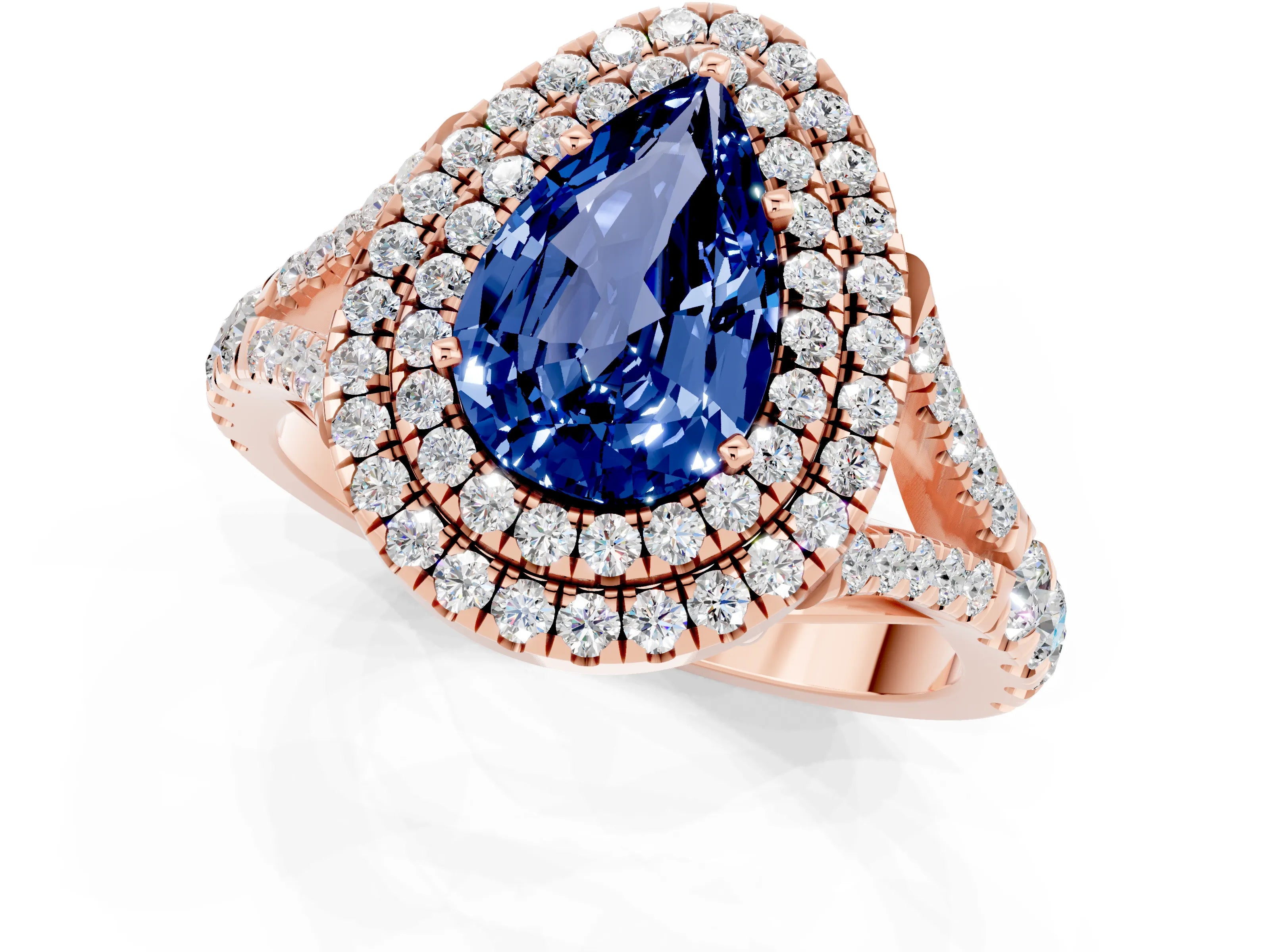 Rose gold Pear Cut Blue Sapphire Pavé Split Shank Double Halo Engagement Ring_1