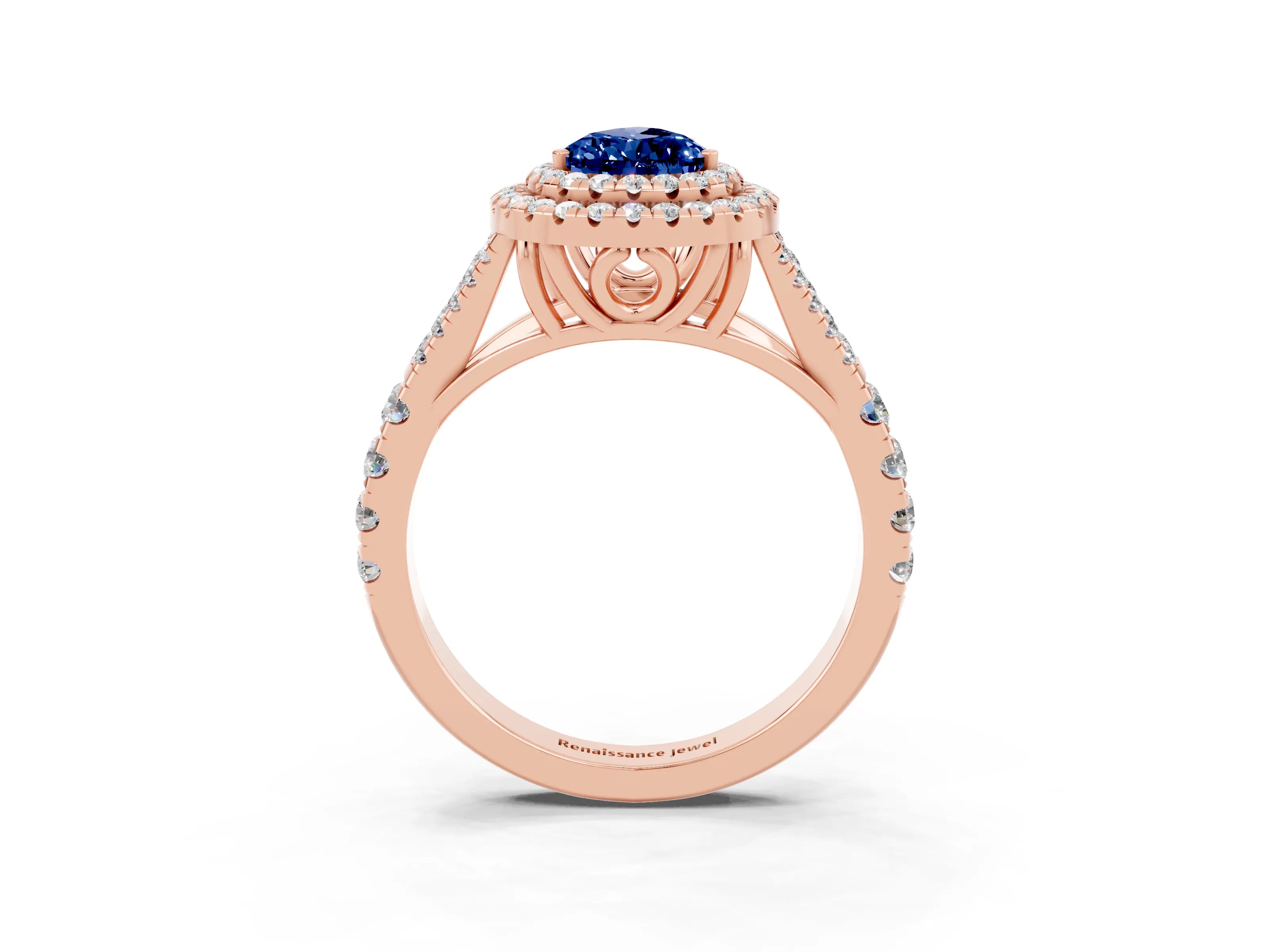 Rose gold Pear Cut Blue Sapphire Pavé Split Shank Double Halo Engagement Ring_3