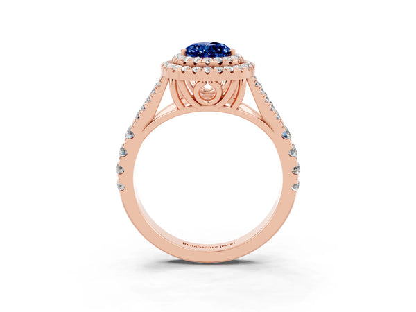 Rose gold Pear Cut Blue Sapphire Pavé Split Shank Double Halo Engagement Ring