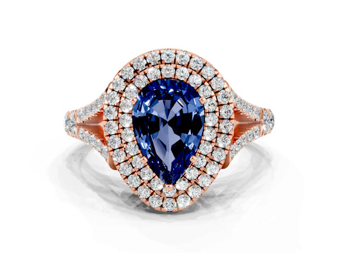 Rose gold Pear Cut Blue Sapphire Pavé Split Shank Double Halo Engagement Ring