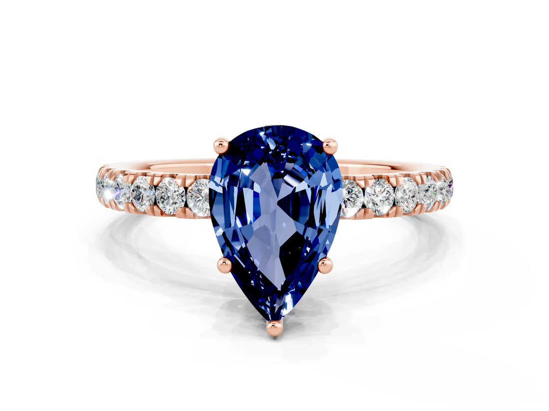 Rose gold Pear Cut Blue Sapphire Pave Band Solitaire Ring with Four-Prong Setting_24
