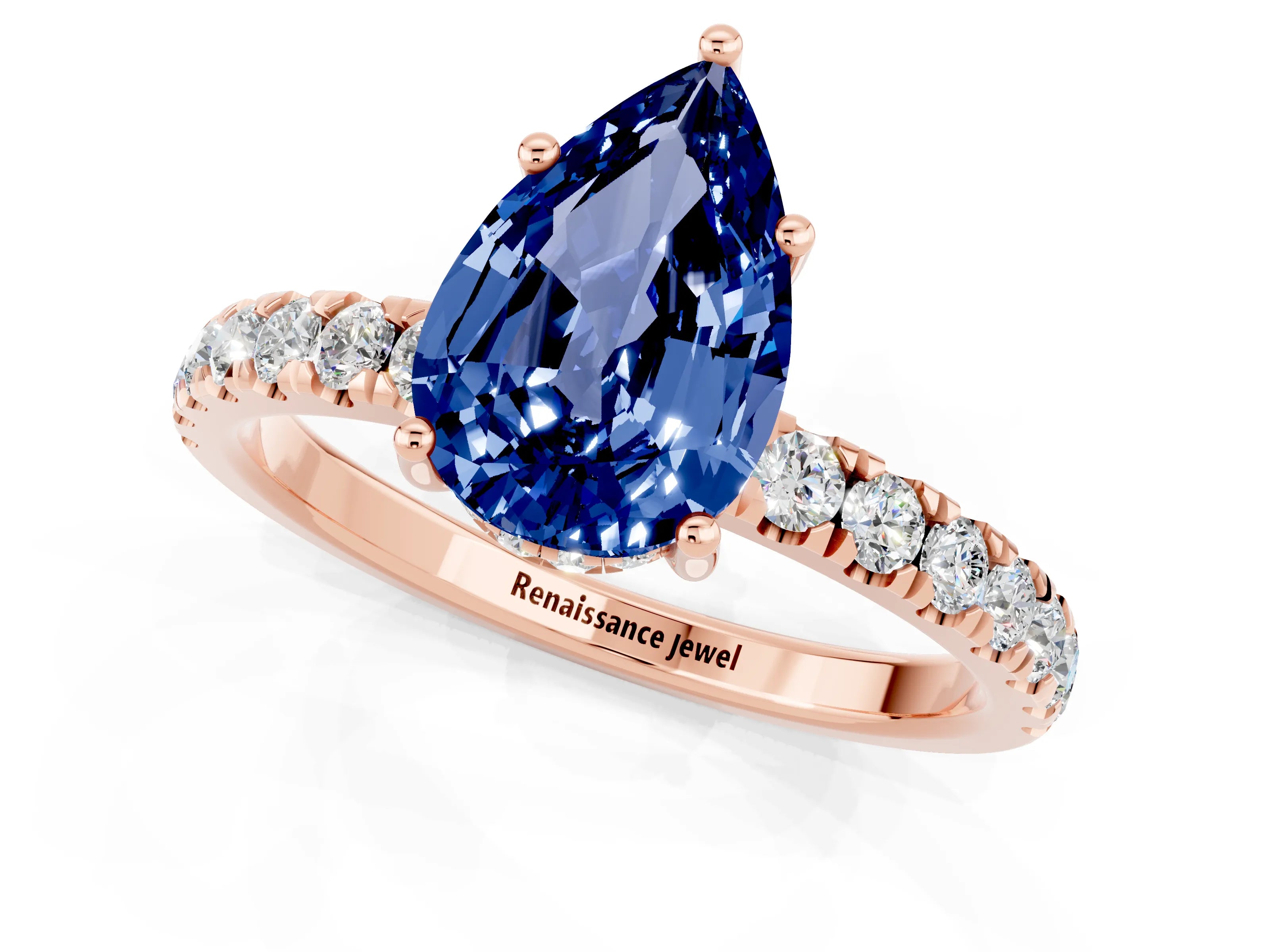 Rose gold Pear Cut Blue Sapphire Pave Band Solitaire Ring with Four-Prong Setting_25
