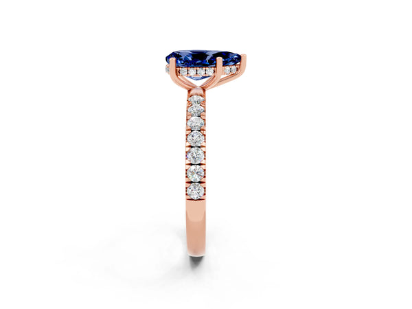 Rose gold Pear Cut Blue Sapphire Pave Band Solitaire Ring with Round  and Prong Setting