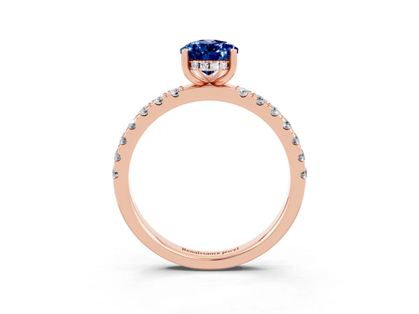 Rose gold Pear Cut Blue Sapphire Pave Band Solitaire Ring with Round  and Prong Setting