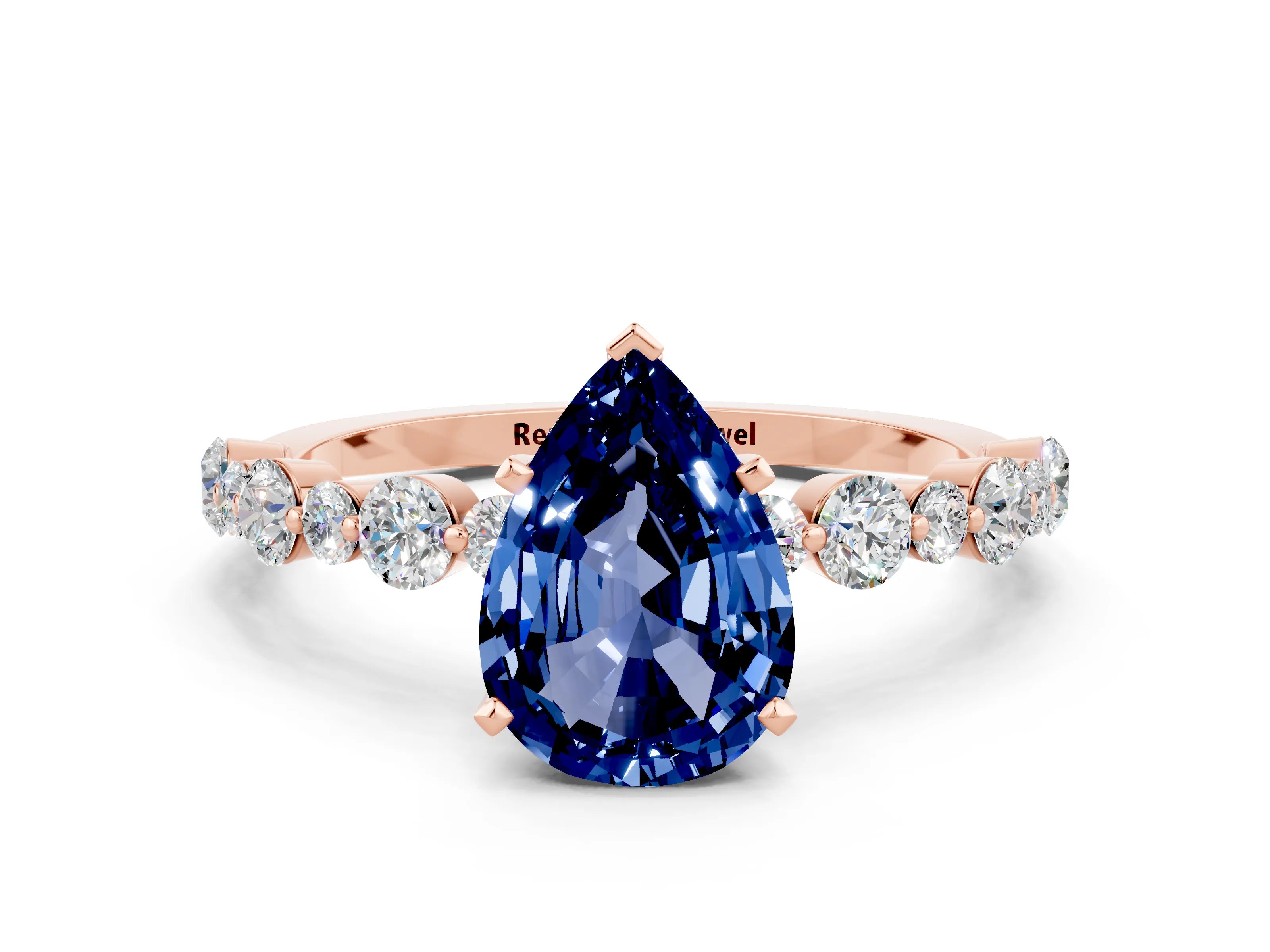Rose gold Pear Cut Blue Sapphire Prong Set Engagement Ring with Pavé Band