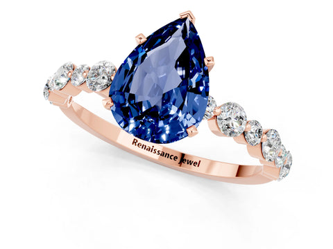 Rose gold Pear Cut Blue Sapphire Prong Set Engagement Ring with Pavé Band_1