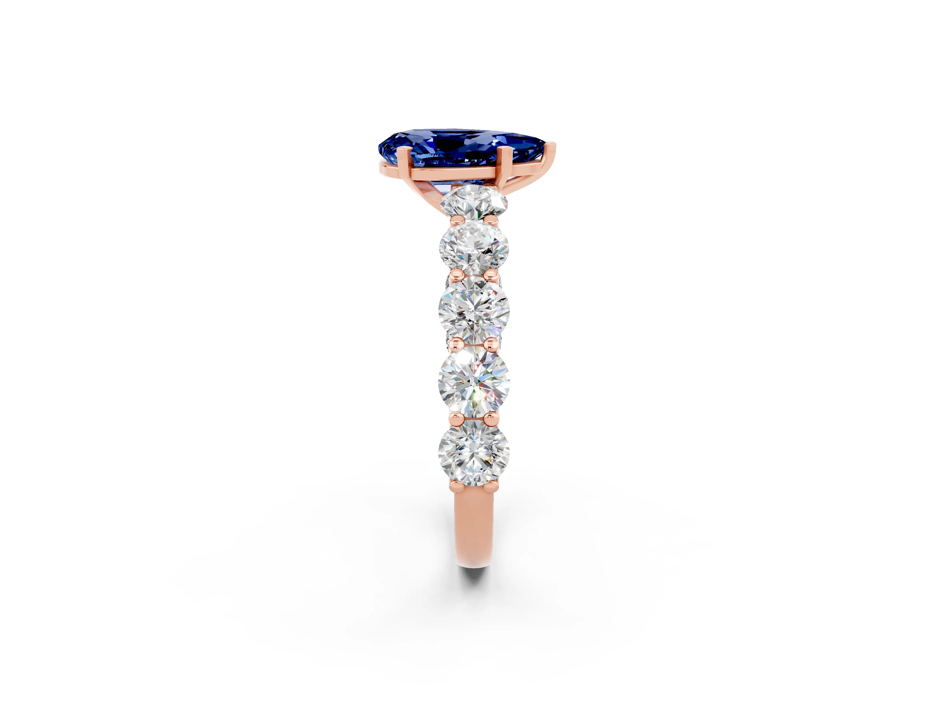 Rose gold Pear Cut Blue Sapphire Prong Setting with Side Stones on a Pave Band_2