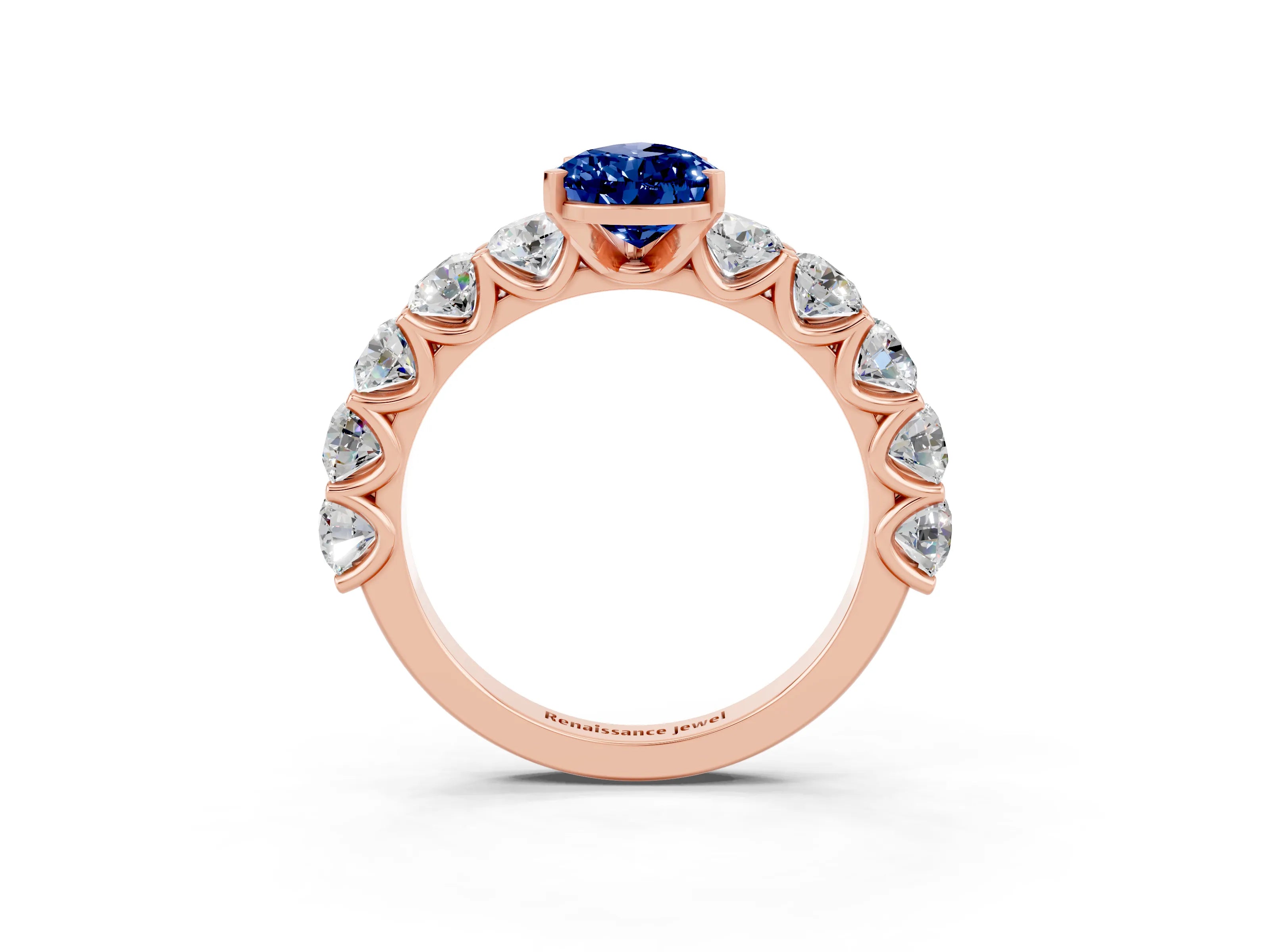 Rose gold Pear Cut Blue Sapphire Prong Setting with Side Stones on a Pave Band_3