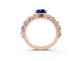 Rose gold Pear Cut Blue Sapphire Prong Setting with Side Stones on a Pave Band_3
