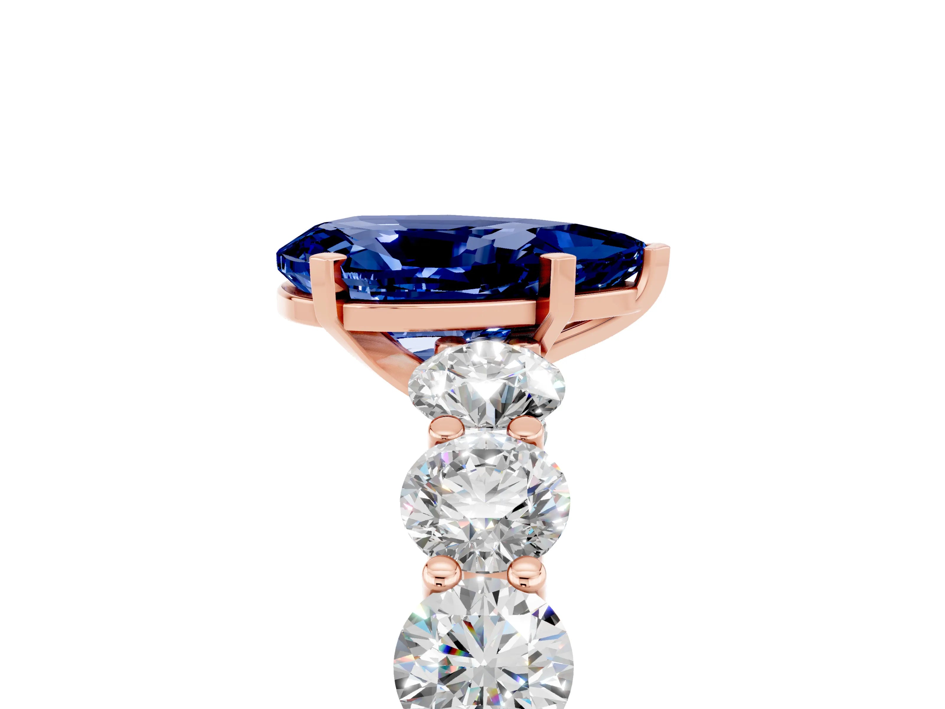 Rose gold Pear Cut Blue Sapphire Prong Setting with Side Stones on a Pave Band_5