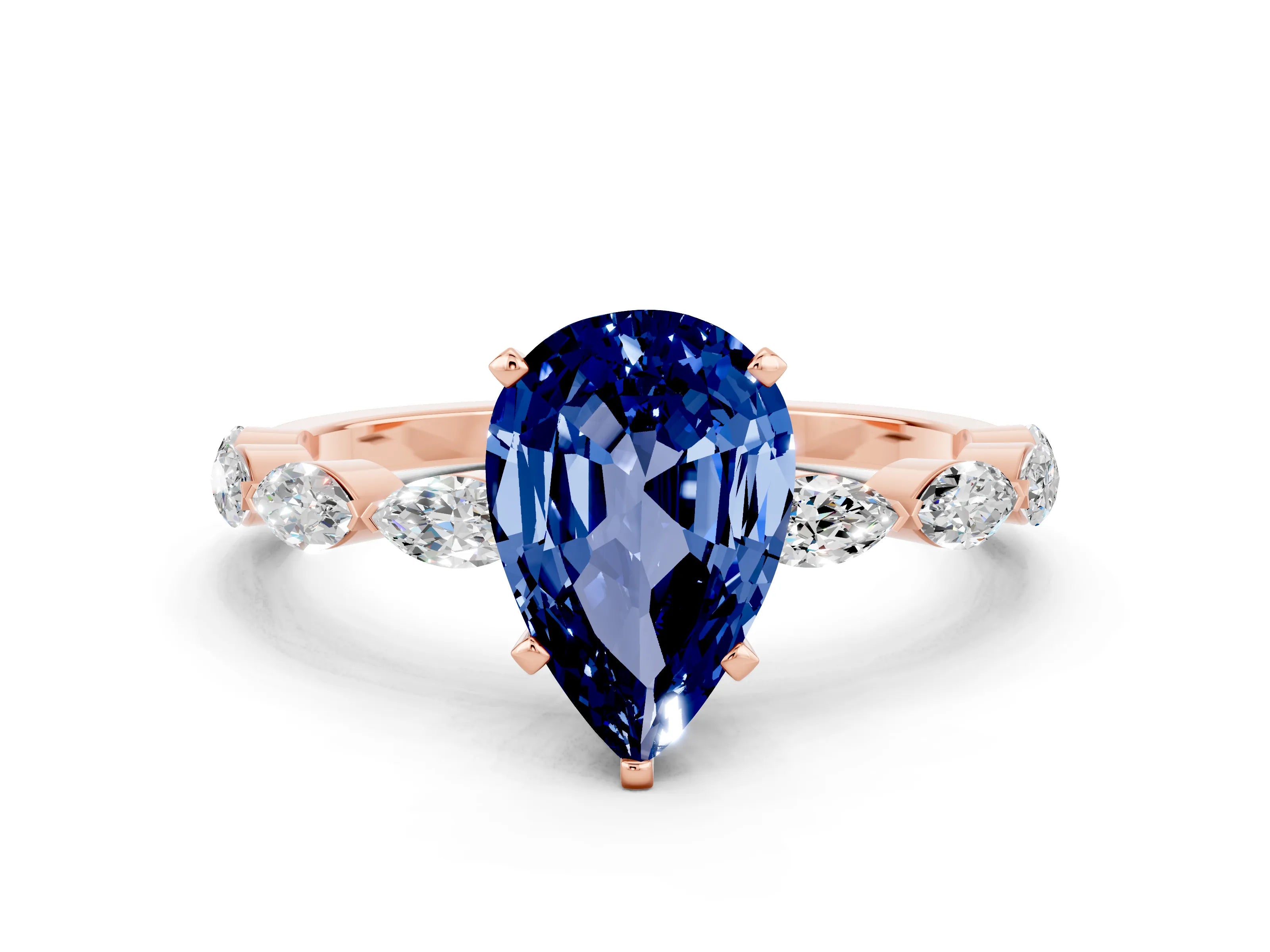 Rose gold Pear Cut Blue Sapphire Ring with Marquise Side Stones and Prong Setting