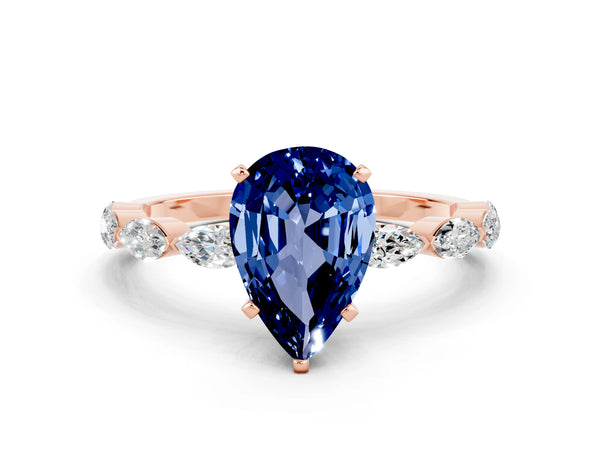 Rose gold Pear Cut Blue Sapphire Ring with Marquise Side Stones and Prong Setting