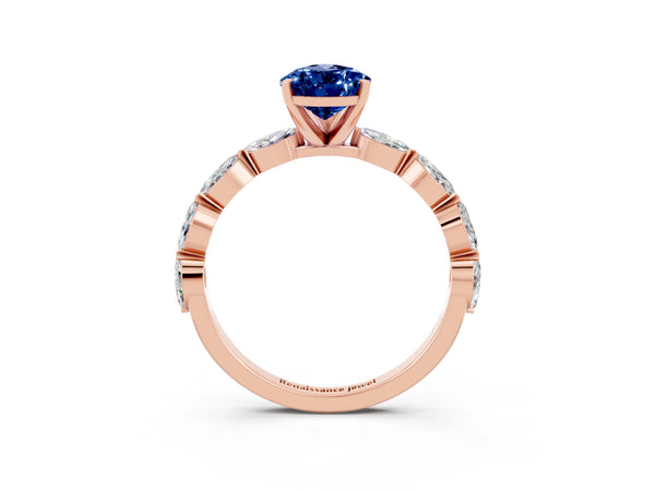 Rose gold Pear Cut Blue Sapphire Ring with Marquise Side Stones and Prong Setting
