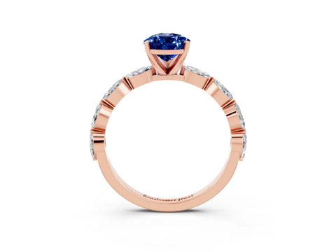 Rose gold Pear Cut Blue Sapphire Ring with Marquise Side Stones and Prong Setting_3