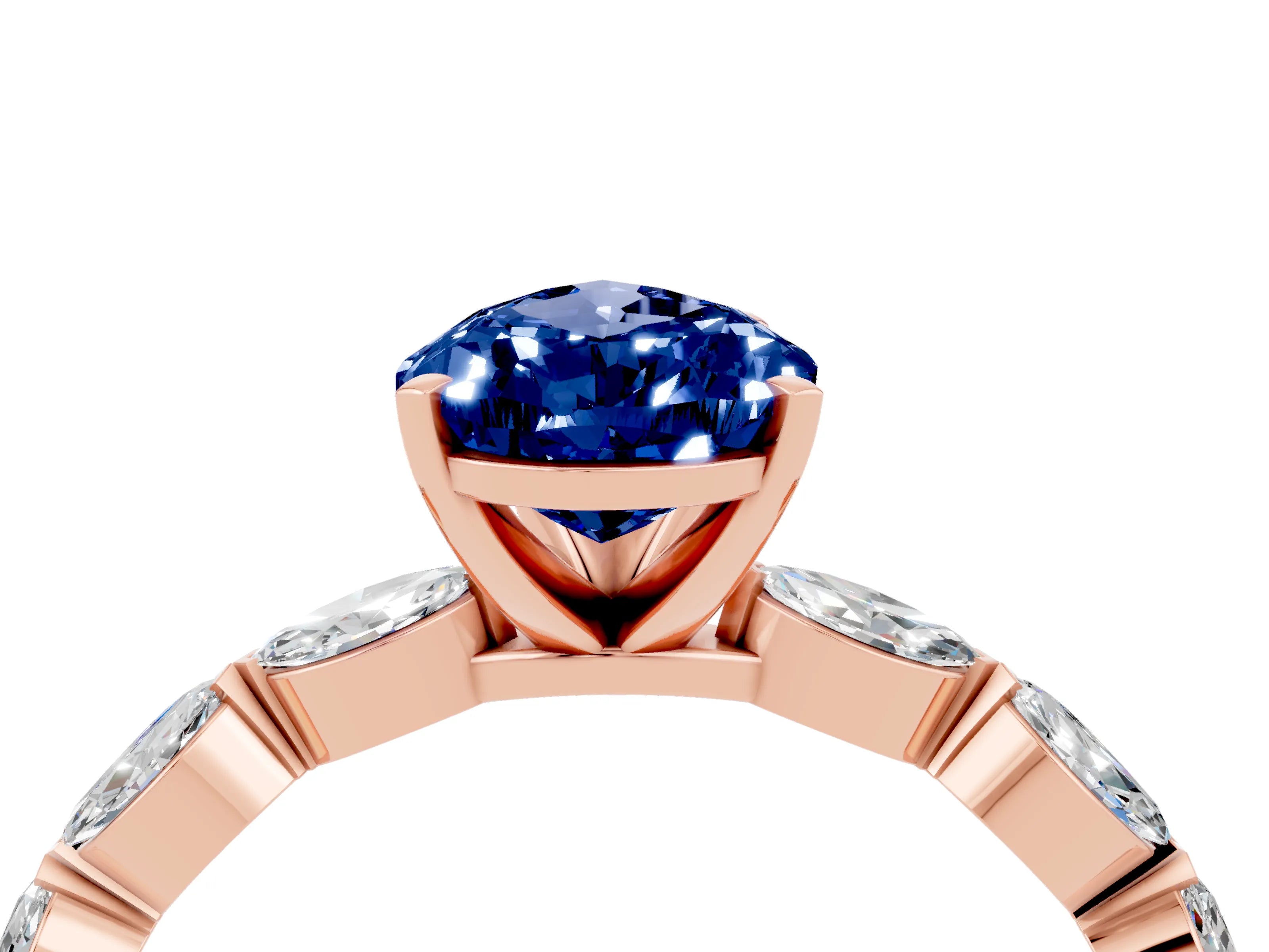 Rose gold Pear Cut Blue Sapphire Ring with Marquise Side Stones and Prong Setting_4