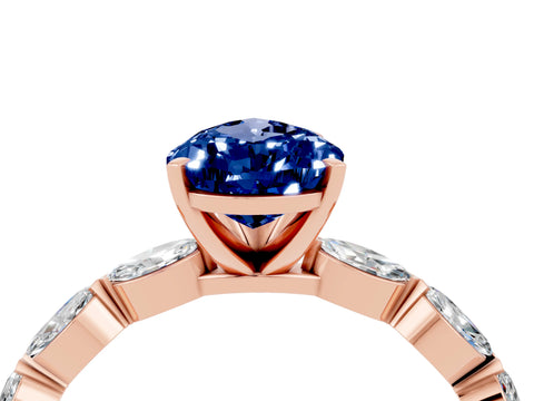 Rose gold Pear Cut Blue Sapphire Ring with Marquise Side Stones and Prong Setting_4