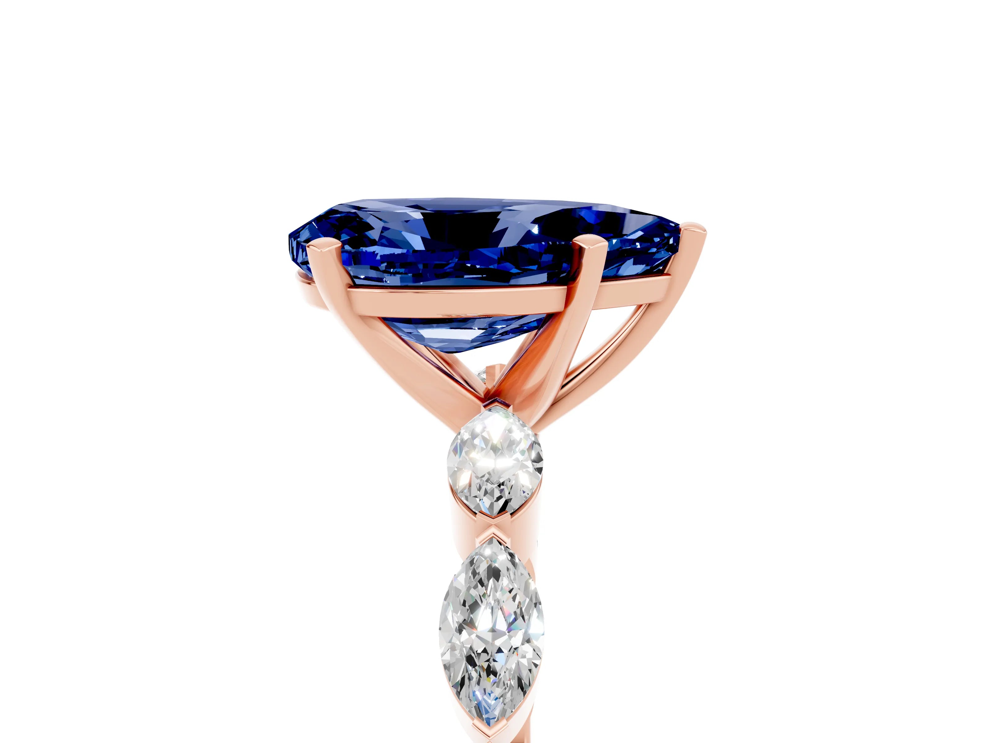 Rose gold Pear Cut Blue Sapphire Ring with Marquise Side Stones and Prong Setting_5